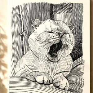 Yawning Cat Ink Sketch Print, Black and White Minimalist Wall Art