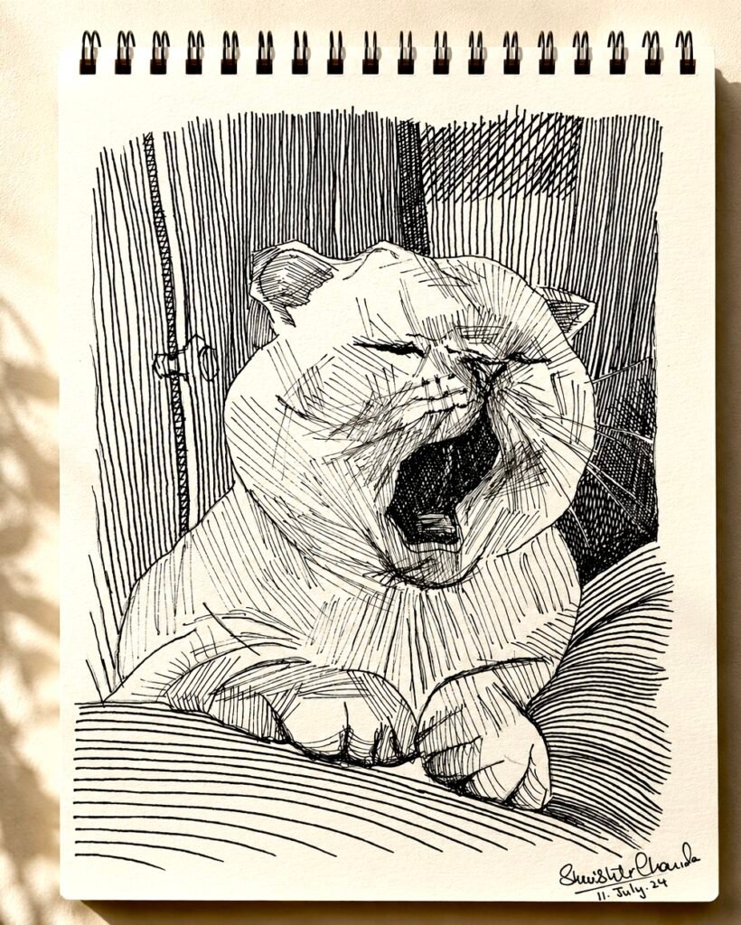 Yawning Cat Ink Sketch Print, Black and White Minimalist Wall Art